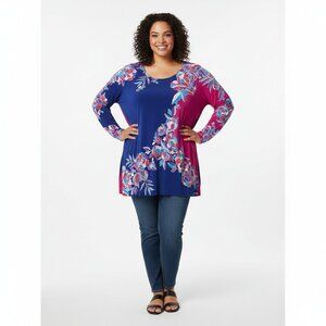 Susan Graver Floral Print Long Sleeve Top‎ Plus 1XP Petite Liquid Knit Coastal